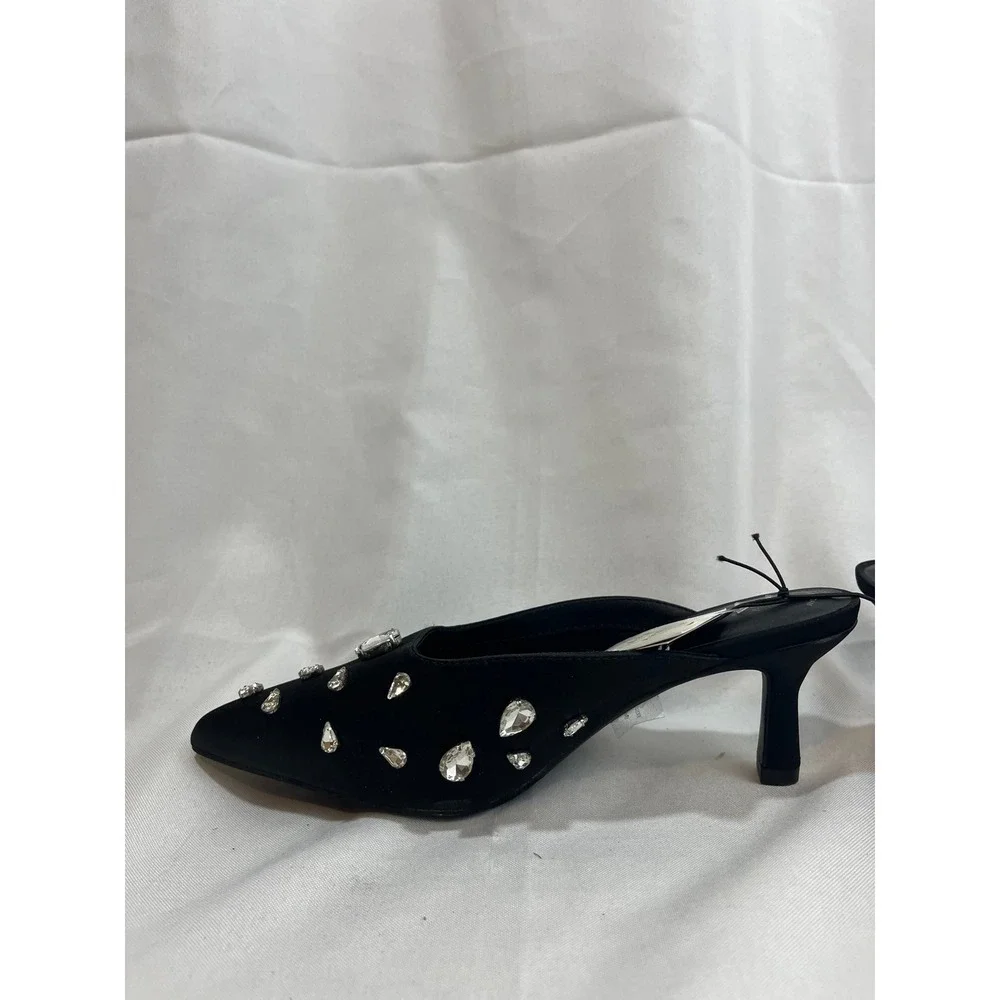 A New Day Womens Black Satin Rhinestone Pointed Toe Kitten Heel Mules Size 6 - Picture 4 of 6